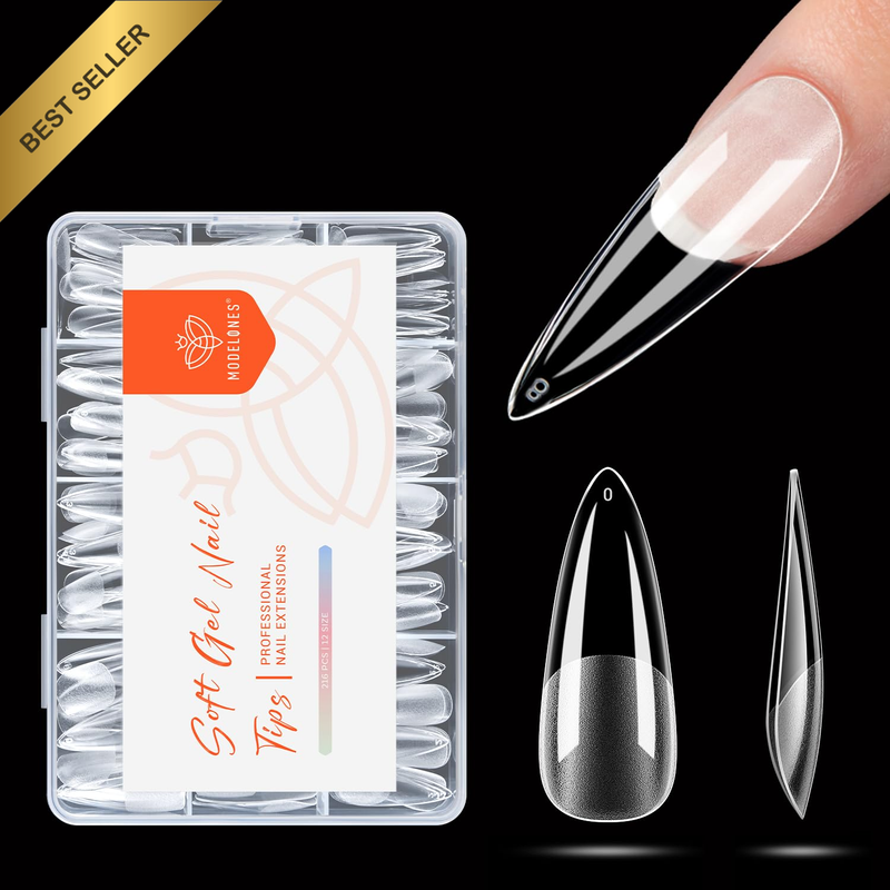 Long Stiletto Nail Tips, 216Pcs Pre-Shaped Soft Gel Tips Fake Nails False Acryli