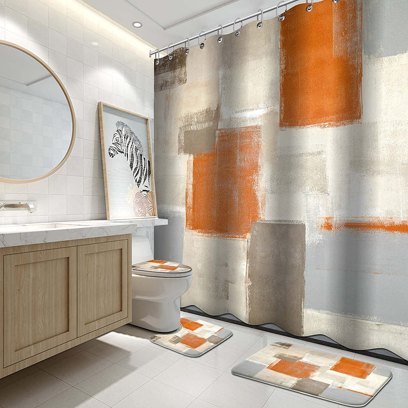 4Pcs Bathroom Shower Curtain Sets with Rugs,Modern Orange and White