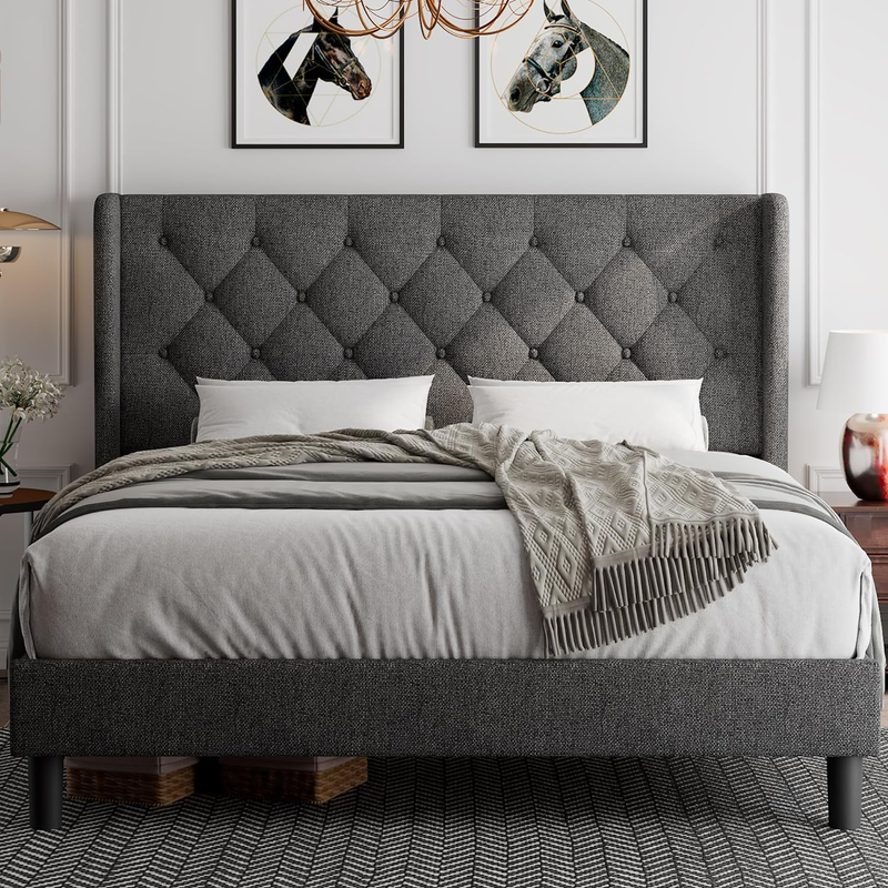 , Upholstered Wingback Platform Bed Frame With Diamond Button Tuf
