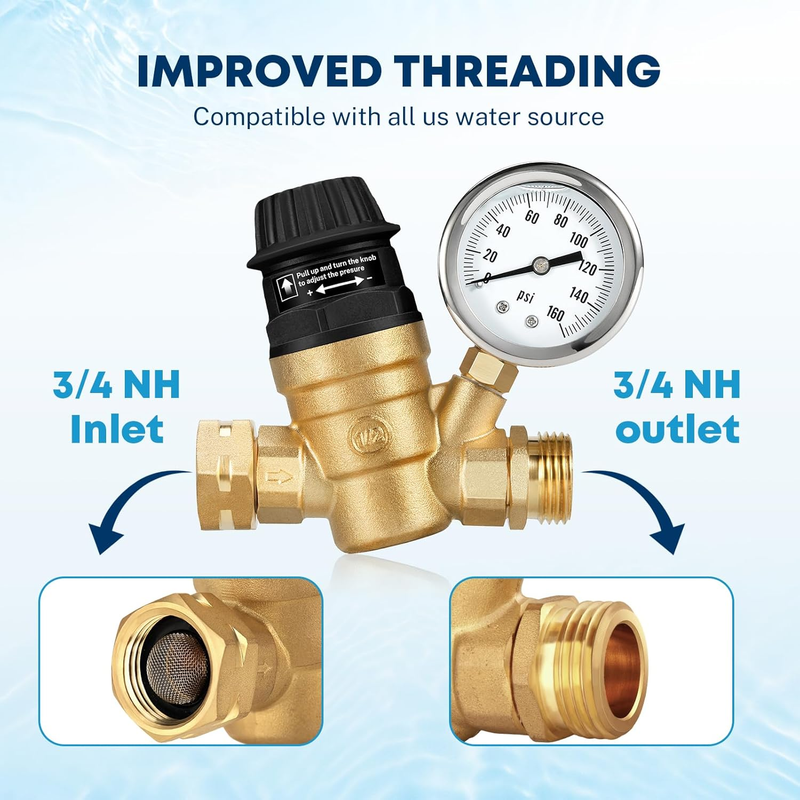 RV Water Pressure Regulator Valve, Adjustable Handle Brass Lead-Free RV Water Pr