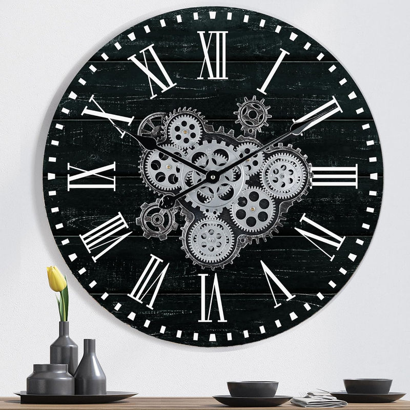 Lafocuse 23 Inch Wooden Large Wall Clock with Moving Gears, Roman