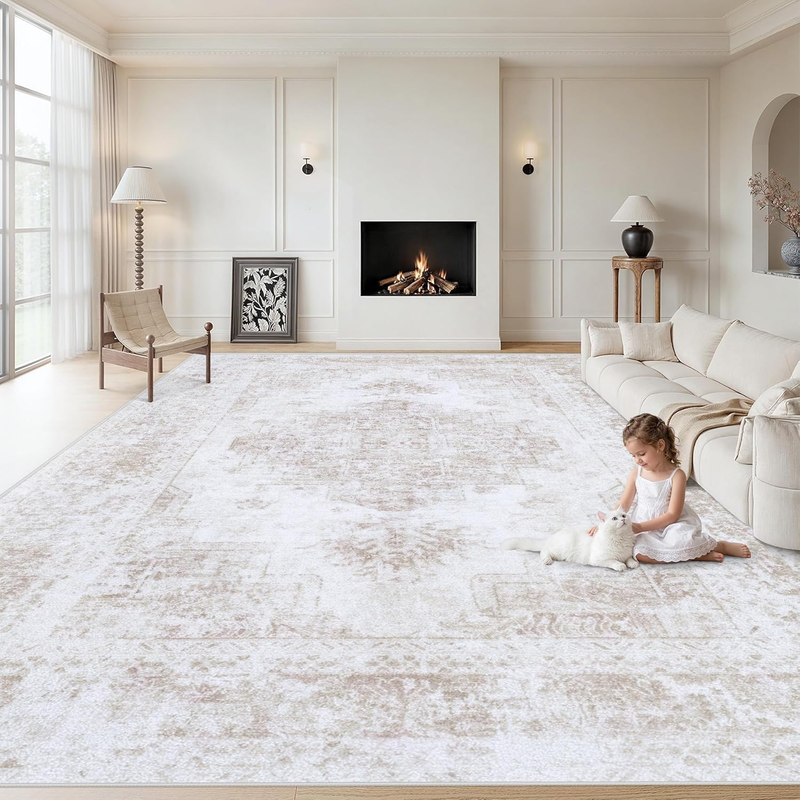 Area Rug 8X10 Living Room Rug, Machine Washable Vintage Distressed Medallion Rug Non-Slip Soft Low Pile Large Indoor Rugs for Bedroom Dining Room Office Children'S Room (Beige,8'X10')