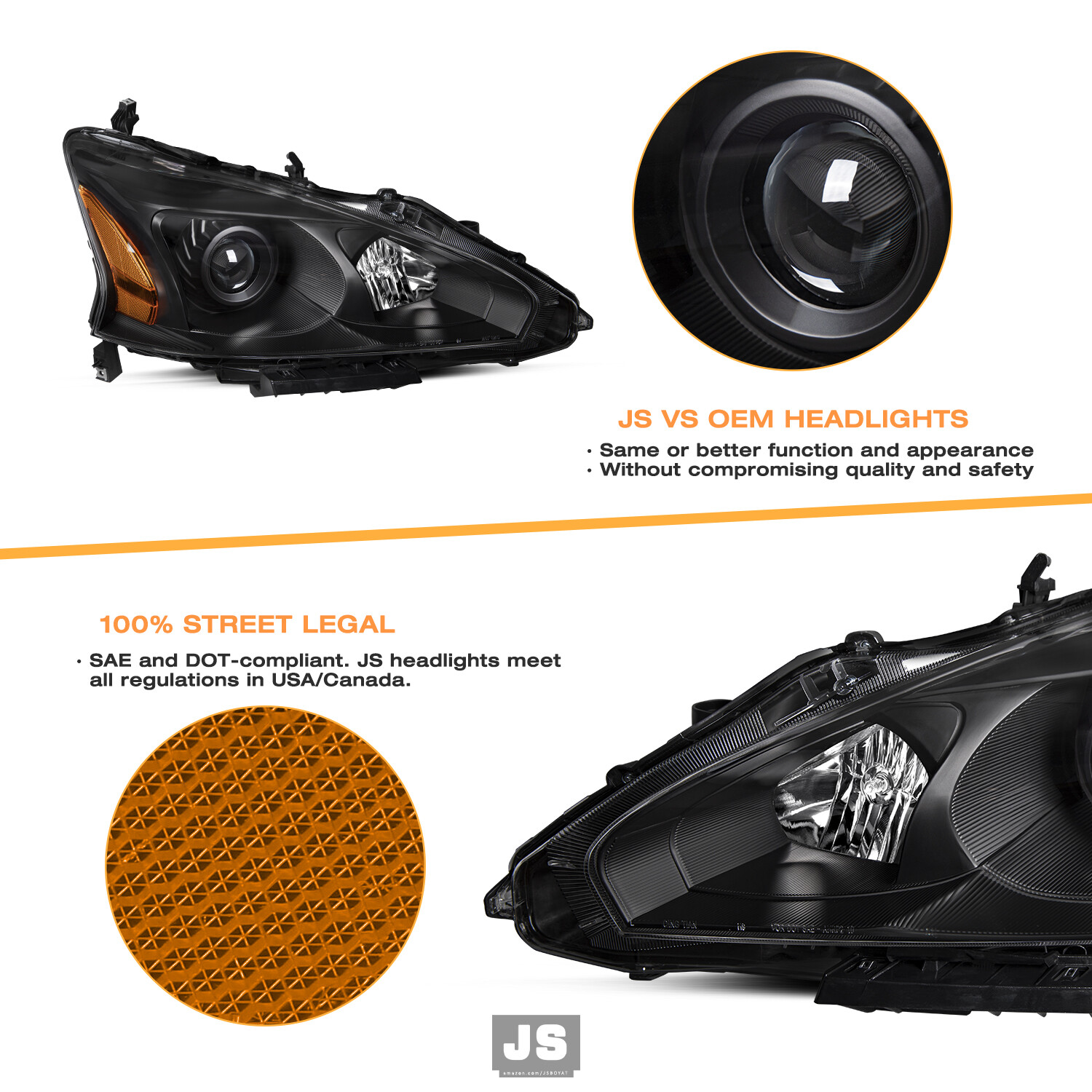 For 2013-2015 Nissan Altima Sedan Black Projector Headlights Amber Corner Lamps