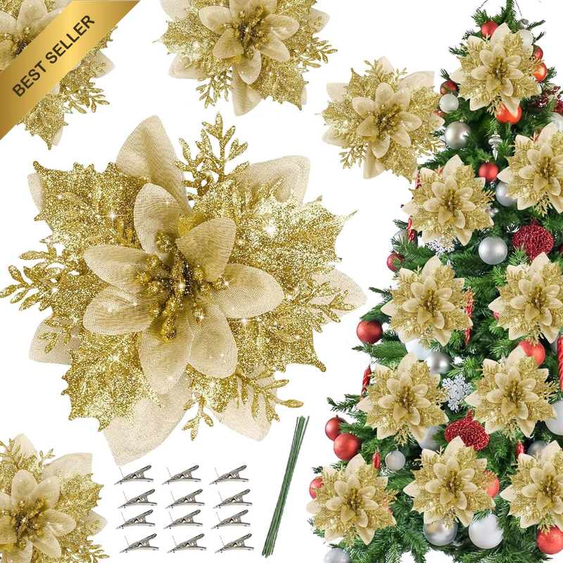 10 Pc 14Cm Gold Poinsettia Artificial Flowers Clips Xmas Ornaments