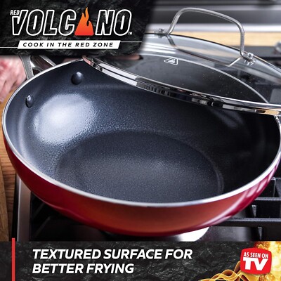 Red Volcano Textured Ceramic Nonstick 11'' Flat Bottom Wok Stir-Fry Pan w Lid
