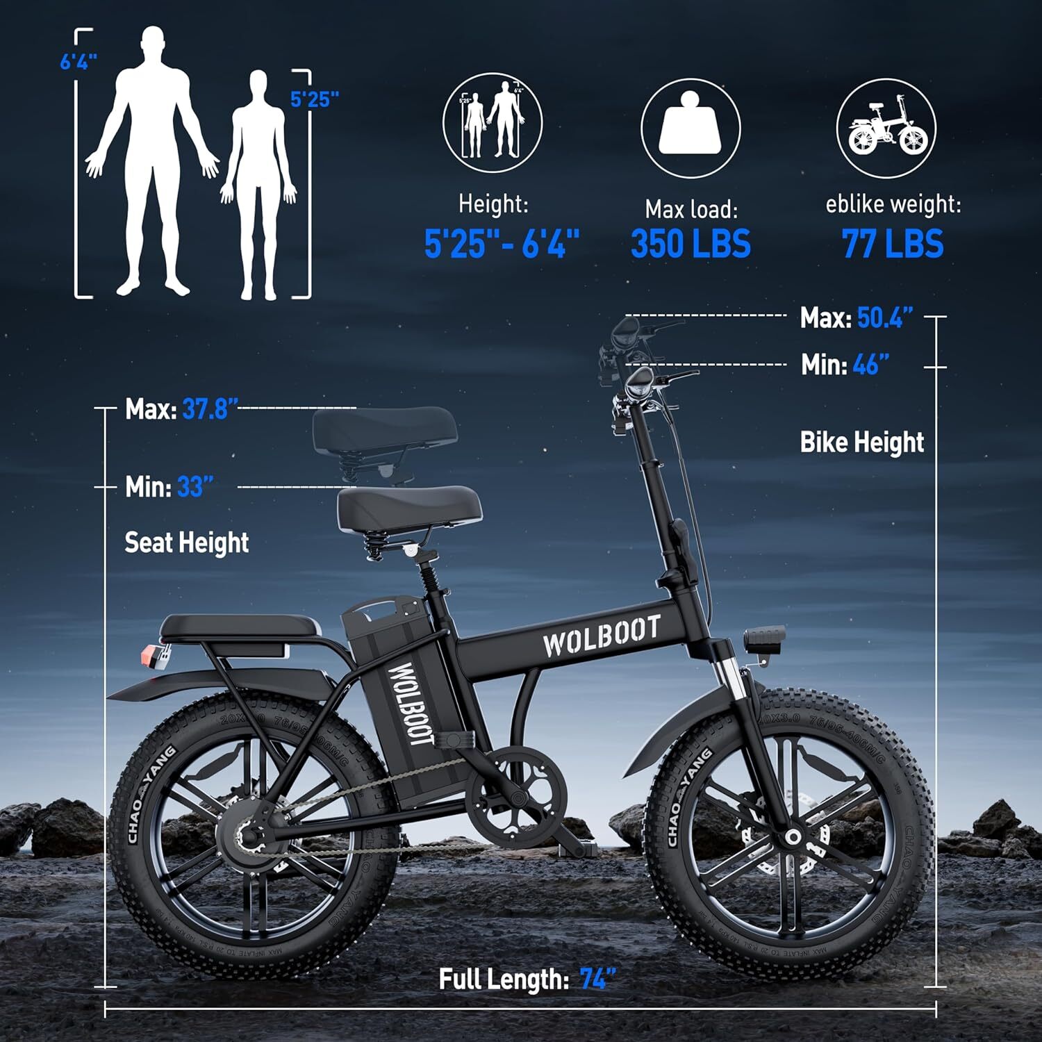 WOLBOOT  Electric Bike Adults 48V 50AH 100 Mile Hydraulic Brake Super Fast Speed