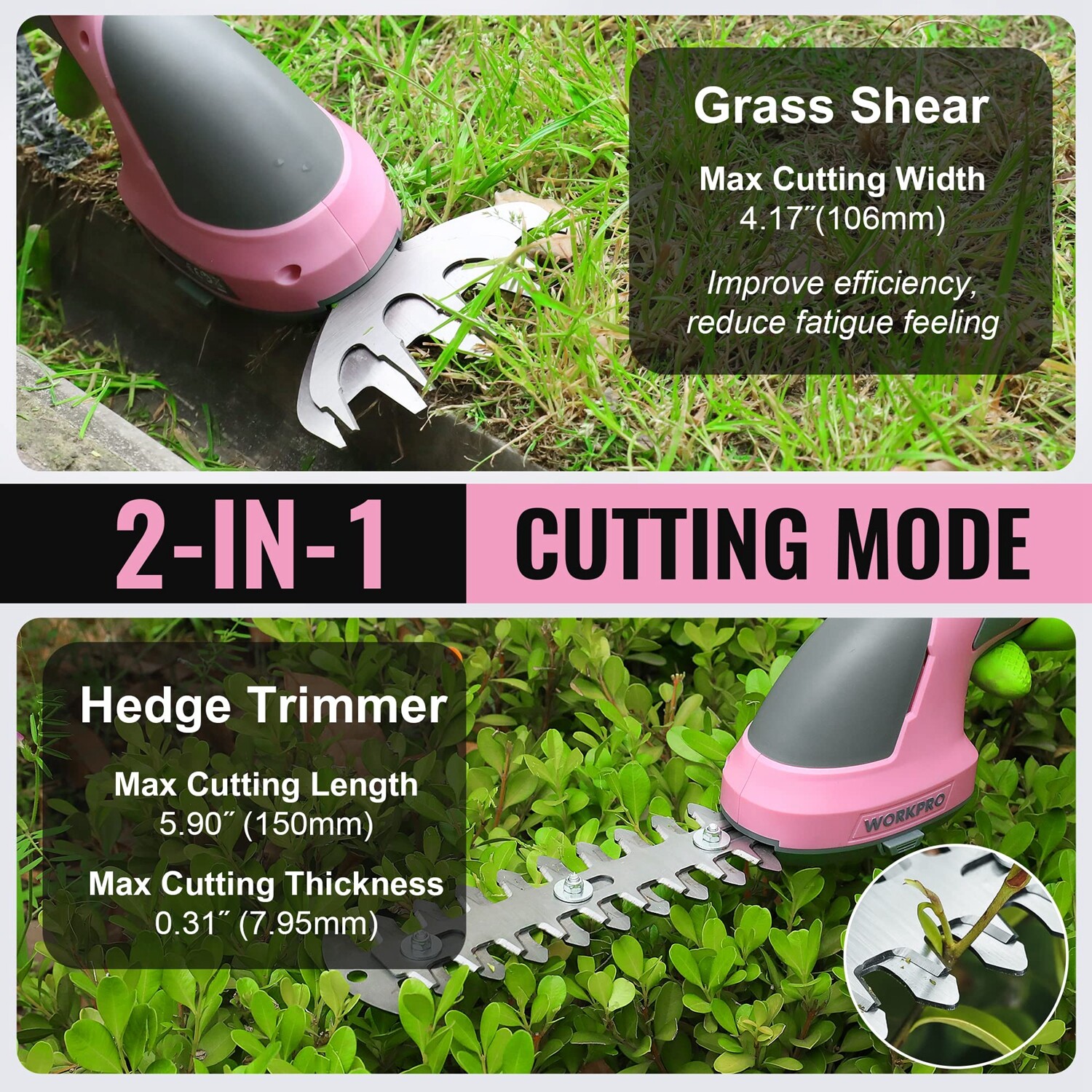 WORKPRO 2 in 1 Handheld Hedge Trimmer Cordless Grass Shear Shrubbery Trimmer NEW