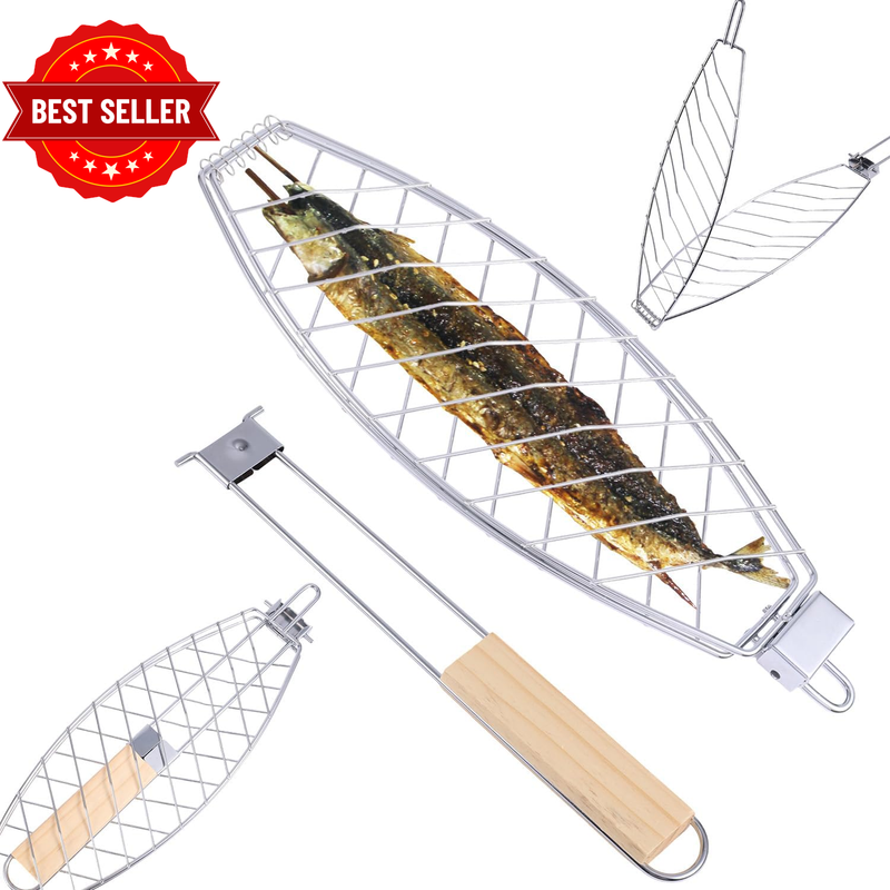 Fish Grill Basket, Iron Foldable Basket with Wooden Handle Non-Stick Grill Rack