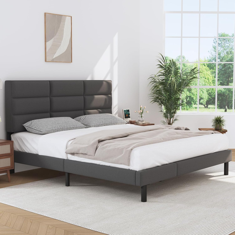 Upholstered Platform  Bed Frames with headboard and Wooden Slats Support，No Box