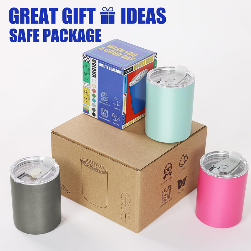 12 Oz Handle less Coffee Mug Insulated Mug with Lid and Straw Double-Walled