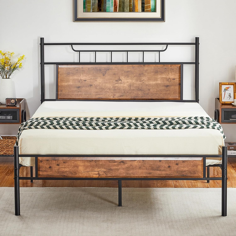 With Wooden Headboard, Metal Platform Bed Frame With Footbo
