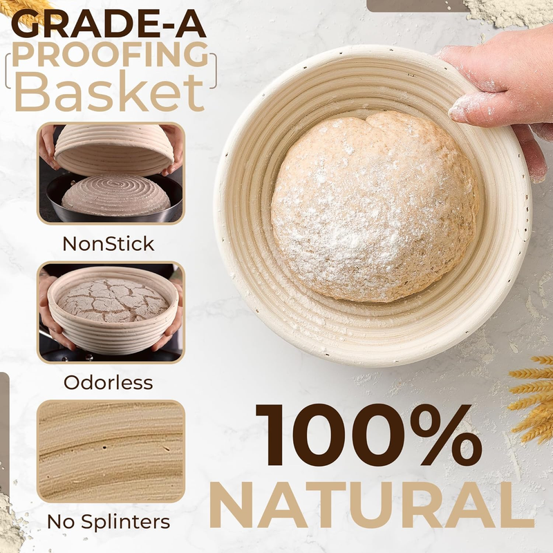 Sourdough Bread Starter Kit - Round 9 Inch Banneton Proofing Basket Set with Clo