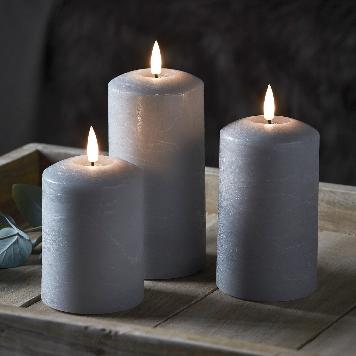 3 Battery LED Flameless Wax Grey Pillar Candles TruGlow™ Timer Remote