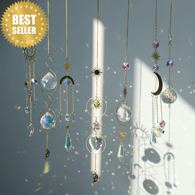 7Pcs Colorful Crystals Suncatchers, Hanging Sun Catchers with Chain Pendant, Cry