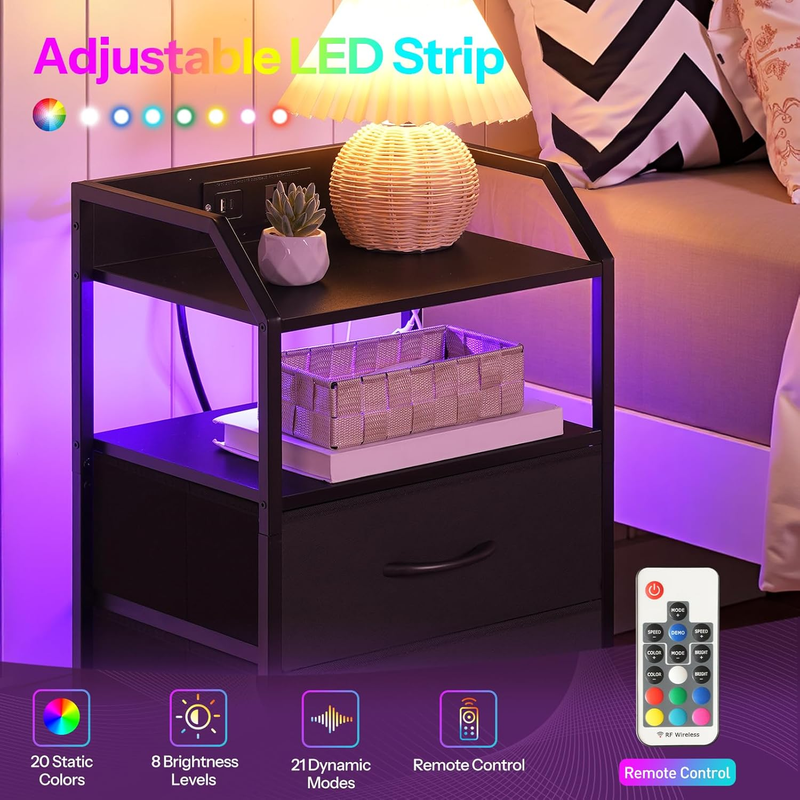 Nightstand with Charging Station, Bedside Table with 1 AC Outlet, 1 USB Port, an