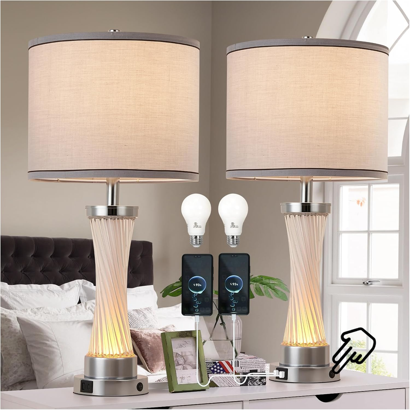3-Way Dimmable Table Lamp Set of 2,Touch Control Lamp with Night Light,Modern Crystal Table Lamps for Bedroom,Living Room，Bedside Lamps with USB A+C Ports，Fabric Lampshade(Blubs Included)
