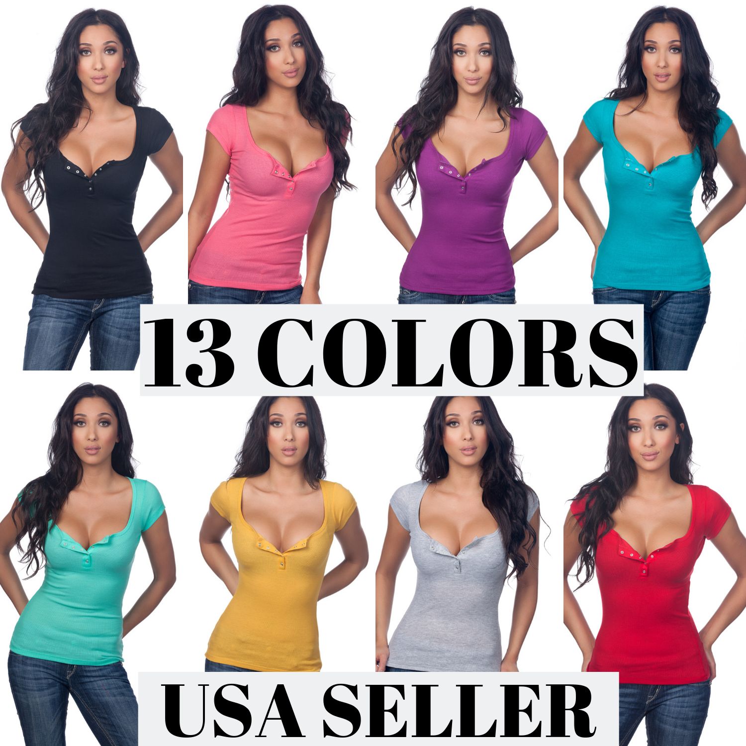 Color Story Sexy Casual Cleavage Ribbed Henley Rhinestone Capsleeve Top