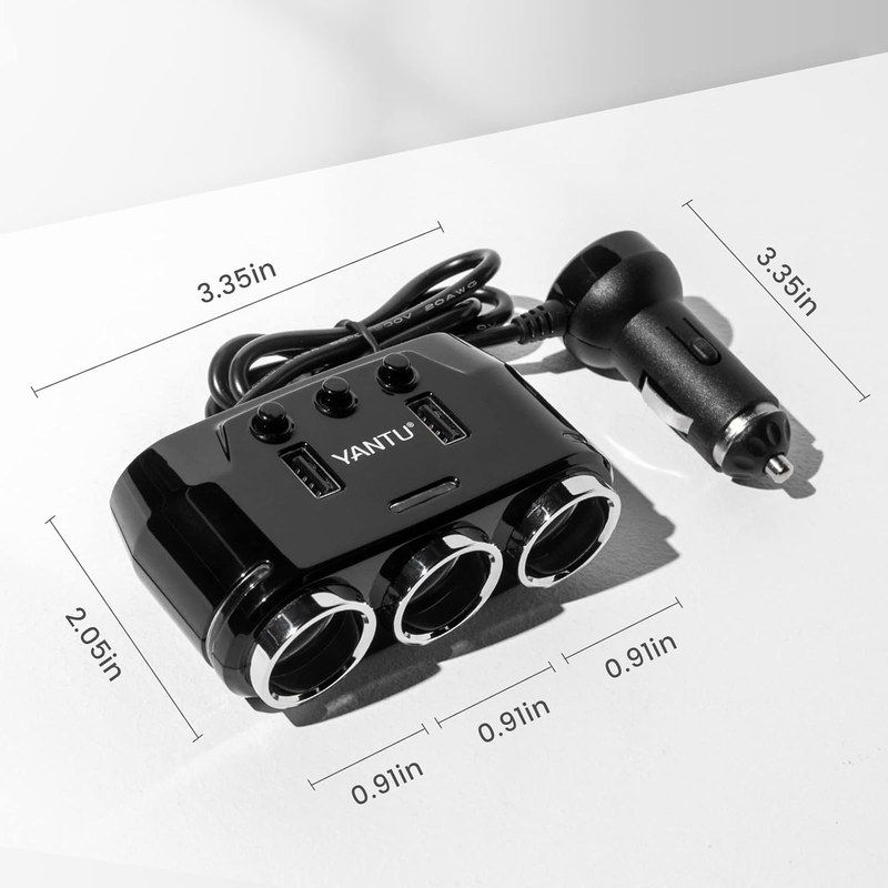 Corded Car Charger 3 Socket Cigarette Lighter Splitter Dual USB Car Charger with