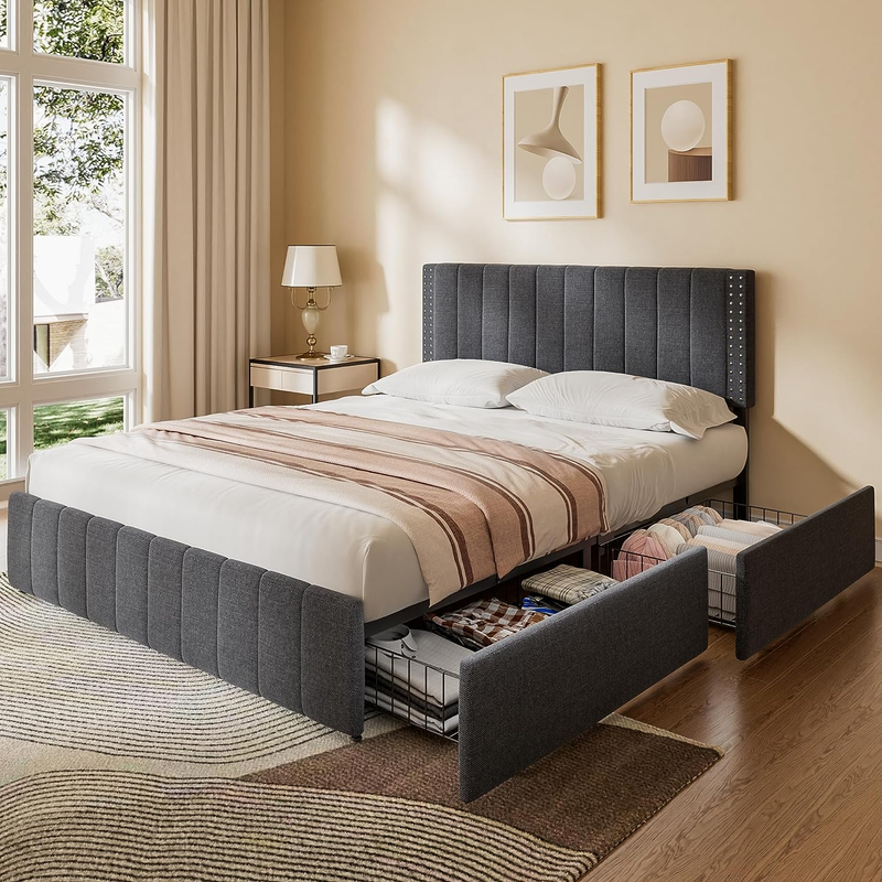 S With 4 Storage Drawers On Wheels And Headboard Adjustable,