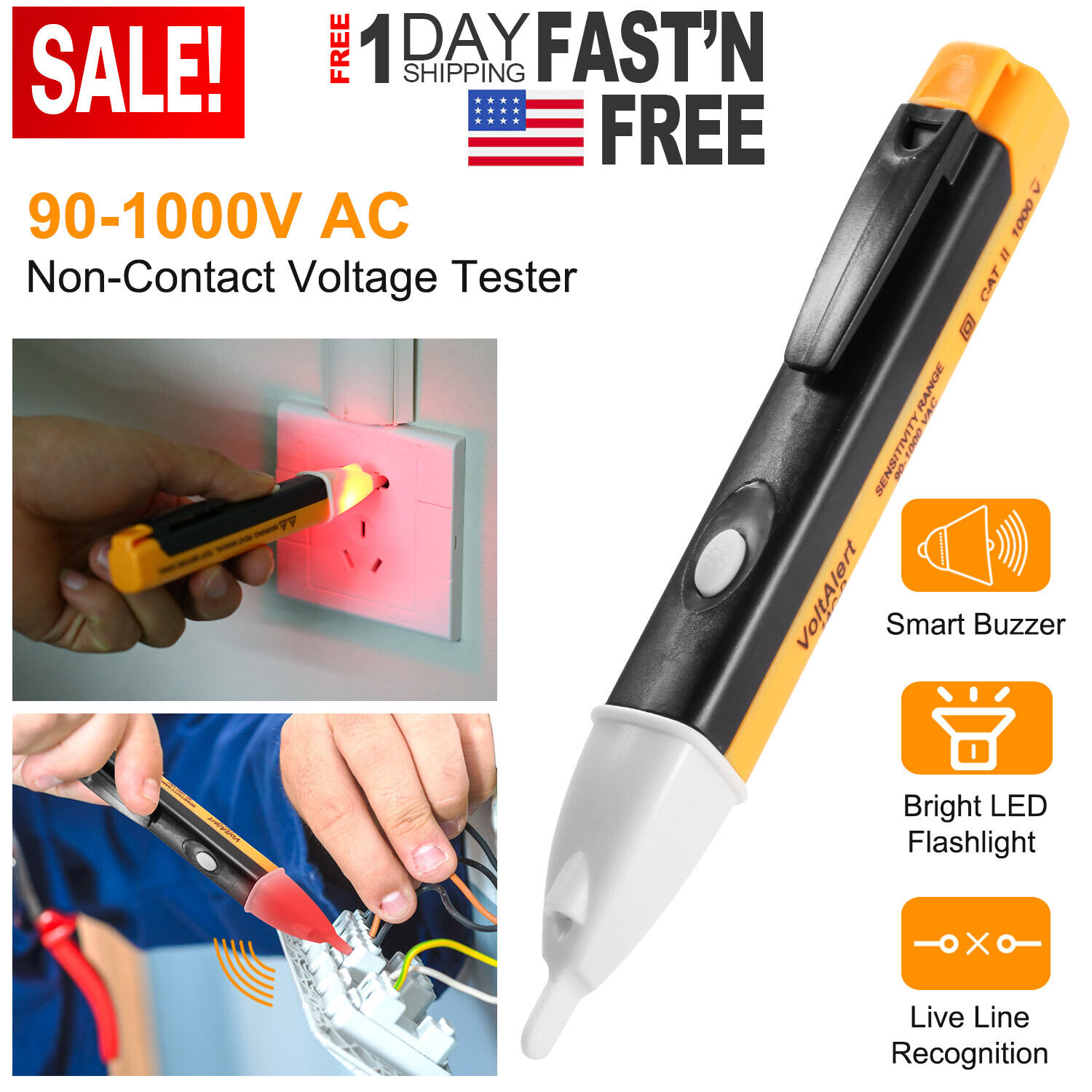 90-1000V DETECTOR AC ELECTRIC VOLT ALERT SENSOR TEST PEN NON CONTACT CABLE FUSE