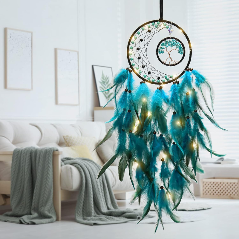 LED Dream Catcher Light Up Tree of Life Dreamcatcher with Healing Crystal Stone