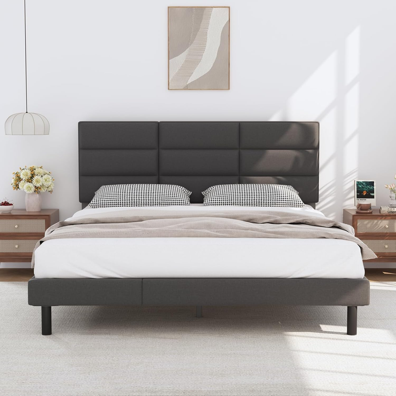 Upholstered Platform Bed Frames with headboard and Wooden Slats Support，No Box
