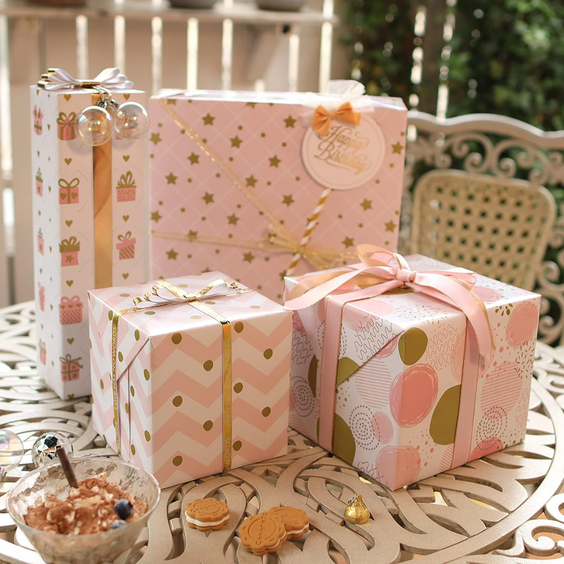 6 Sheets Gold and Pink Birthday Gift Wrapping Paper, Gold Pink Gift
