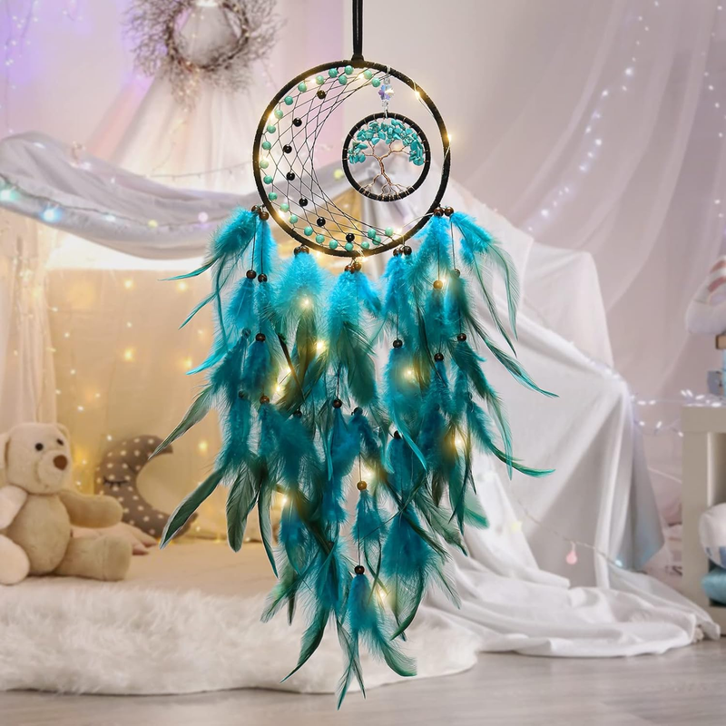 LED Dream Catcher Light Up Tree of Life Dreamcatcher with Healing Crystal Stone