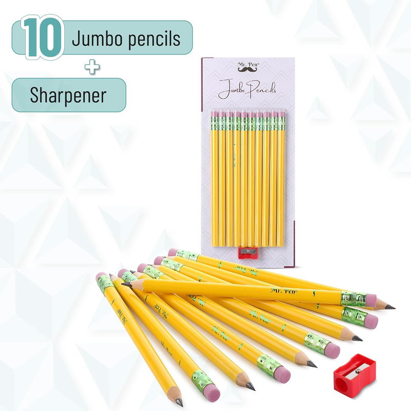 Mr. Pen- Jumbo Pencils, 10 Pencils and 1 Sharpener, Big Pencil, Fat Pencils, Jum