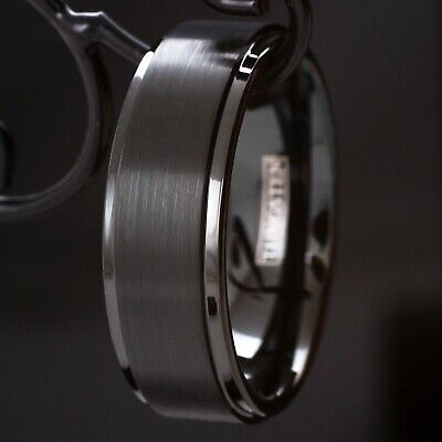 8mm Black Tungsten Brushed Stripe Step Edge Wedding Band Men's Ring Size 5-15