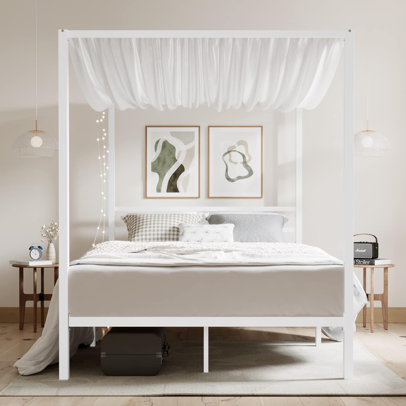 Queen Size Metal Canopy Bed Frame, Modern Four-Poster Platform Bed Frame, Mattre