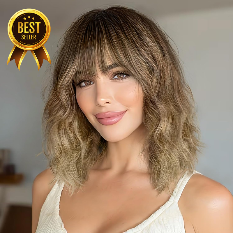 Short Wavy Bob Wig with Bangs Brown Ombre Blonde Synthetic Heat Resistant Hair