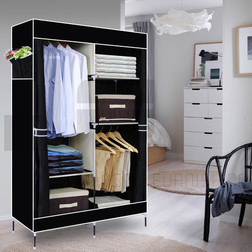New Double Canvas Wardrobe Rail Clothes Storage Cubpboard Bedroom