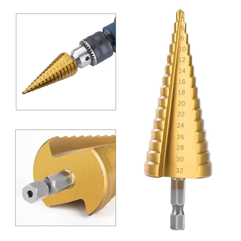 3 Pcs Straight Grooved Step Drill Bit Set, High Step Steel Titanium Drill Bits S
