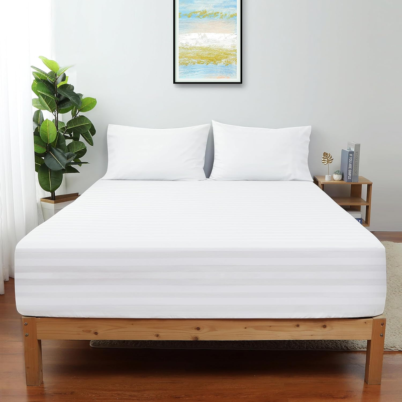 California King Size Striped Fitted Sheet Only White Color, 100% Egyptian Cotton