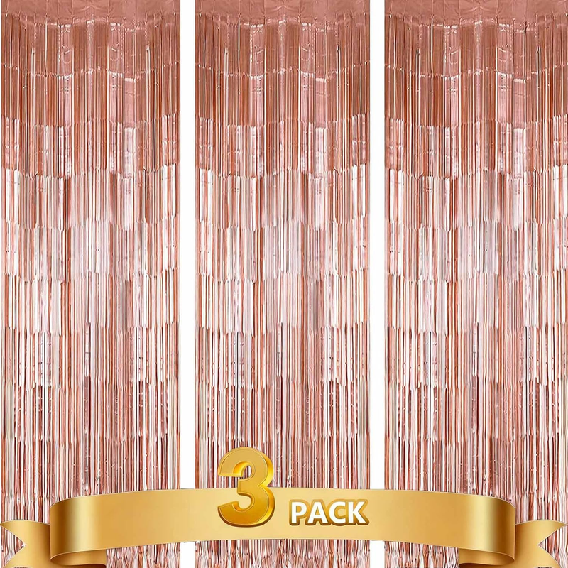 3Pack Rosegold Tinsel Foil Fringe Curtains Backdrop, Streamer Curtain for Party