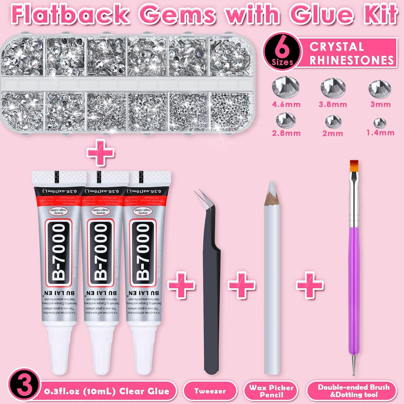 B7000 Jewelry Bead Glue with Rhinestones for Crafts,  2100Pcs Round Flat Back Ge
