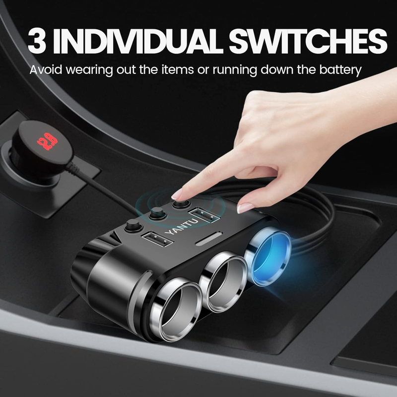 Corded Car Charger 3 Socket Cigarette Lighter Splitter Dual USB Car Charger with