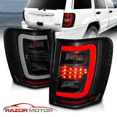 [LED C Light]99-04 For Jeep Grand Cherokee Smoke Black Brake Tail Lights Pair
