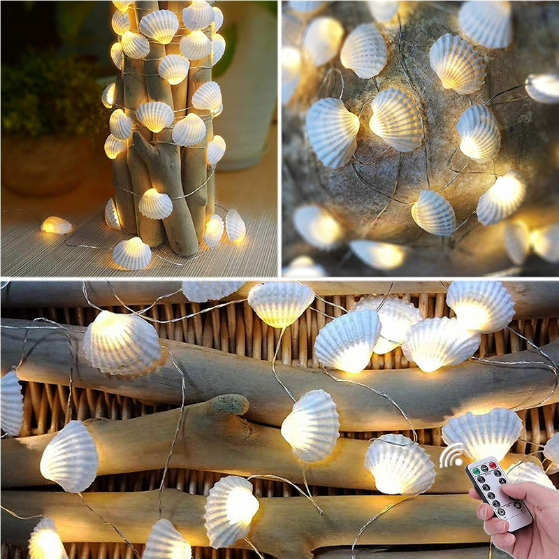 Beach Seashell Decorative String Lights 14.1Ft 40 Warm White LED Waterproof Batt