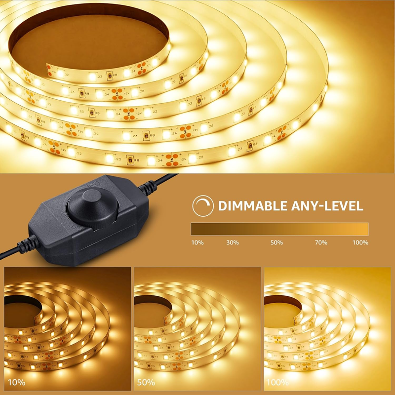 LED Strip Lights, 16.4ft 12V Dimmable and Flexible 3000K Warm White Strip Lights