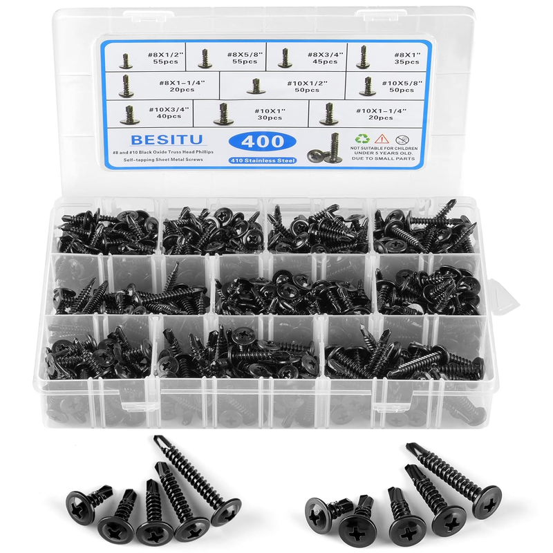 400PCS Self Tapping Screws, 410 Stainless Steel Self Drilling Screws #8#10 Black