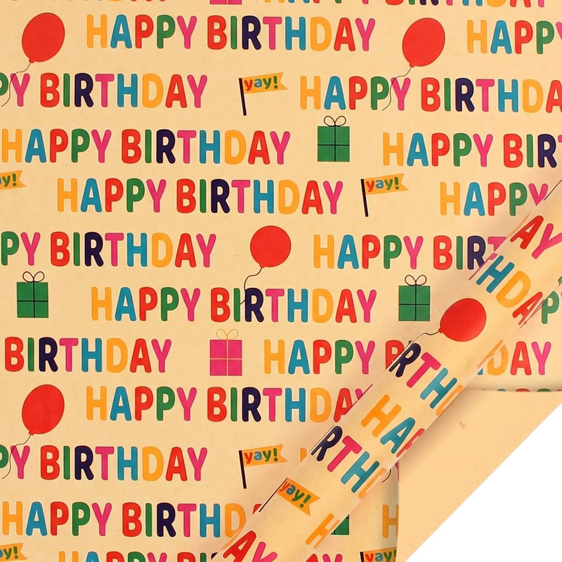 Happy Birthday Wrapping Paper Roll, 43 Cm X 10 M, 80Gsm Kraft