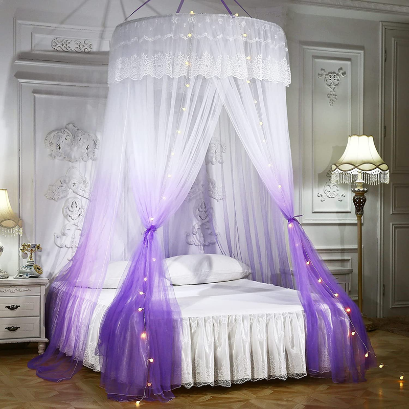 With Lights Round Dome Purple White Curtains Mosquito Net Me