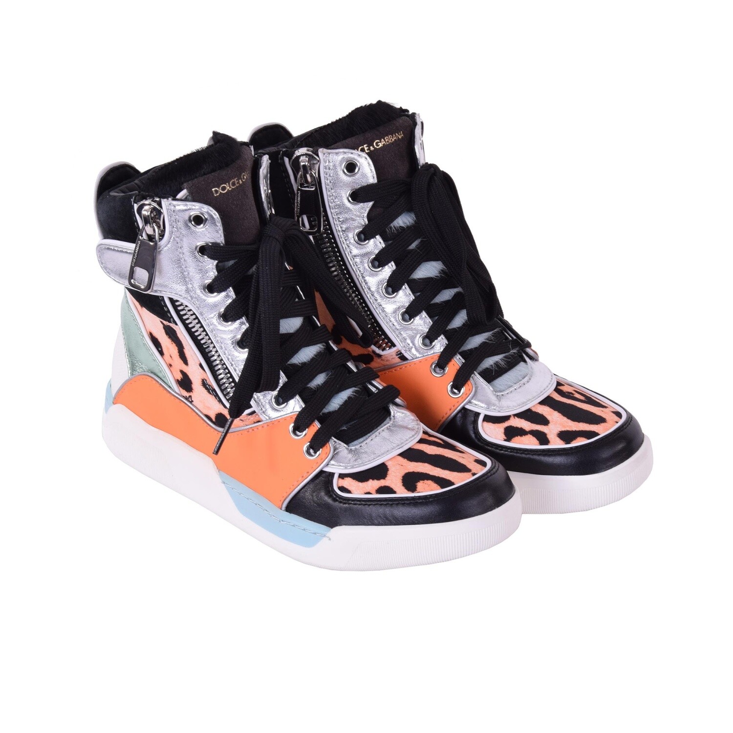 Pre-owned Dolce & Gabbana Leather Fur Suede High-top Sneaker Shoes Orange Black 05872