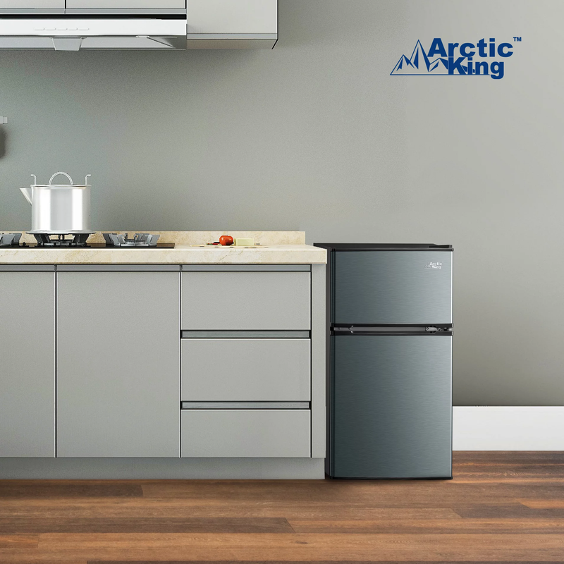 3.2 Cu Ft Refrigerador Compacto Dos Puertas Congelador Elegante Acero Inoxidable