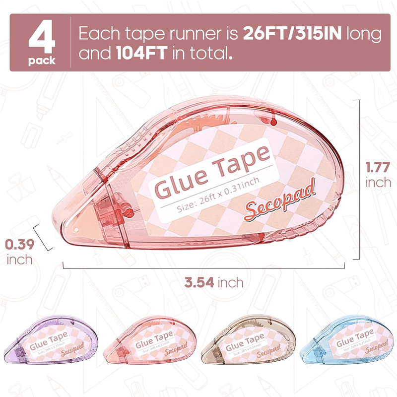 Scrapbook Tape, 4 Pack Double Sided Tape Roller for Crafts, Sticky Glue Tape Run
