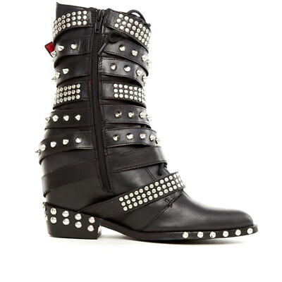 Pre-owned Jeffrey Campbell Draco Stud Hidden Wedge Pointed Embellished Moto Leather Boots In Black