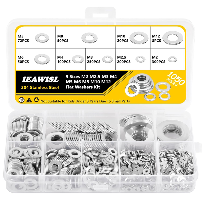 1050Pcs Flat Washers Set, 304 Stainless Steel Flat Washers for Screws, Assorted