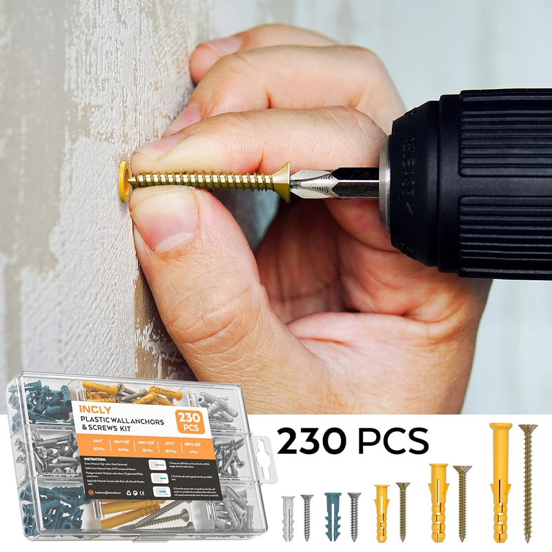 230 PCS Drywall Anchors and Screws Assortment Kit,115 Plastic Self Drilling Wall